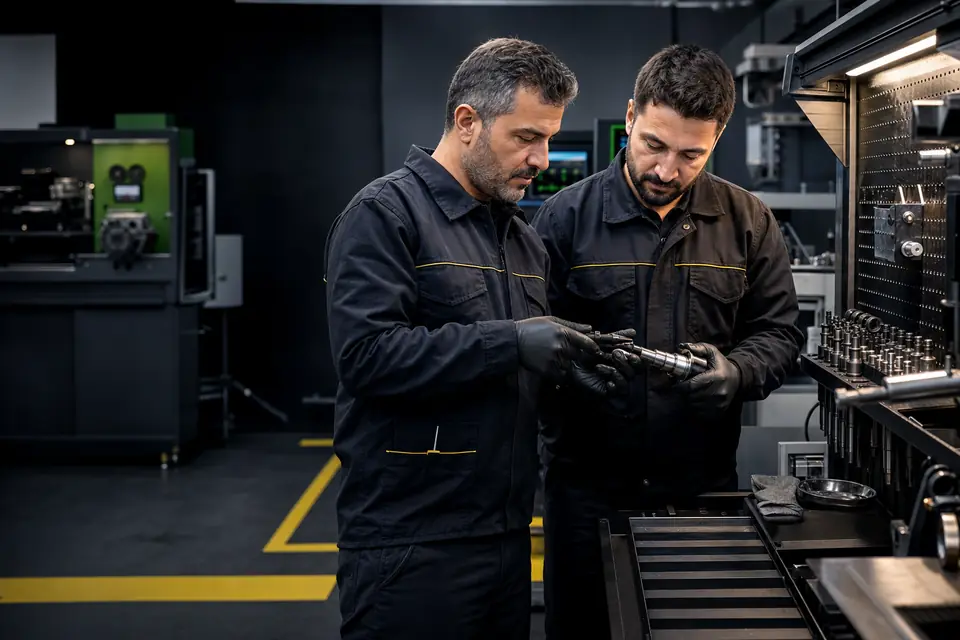 Dizel enjektör üzerinde birlikte çalışan uzman teknik ekip